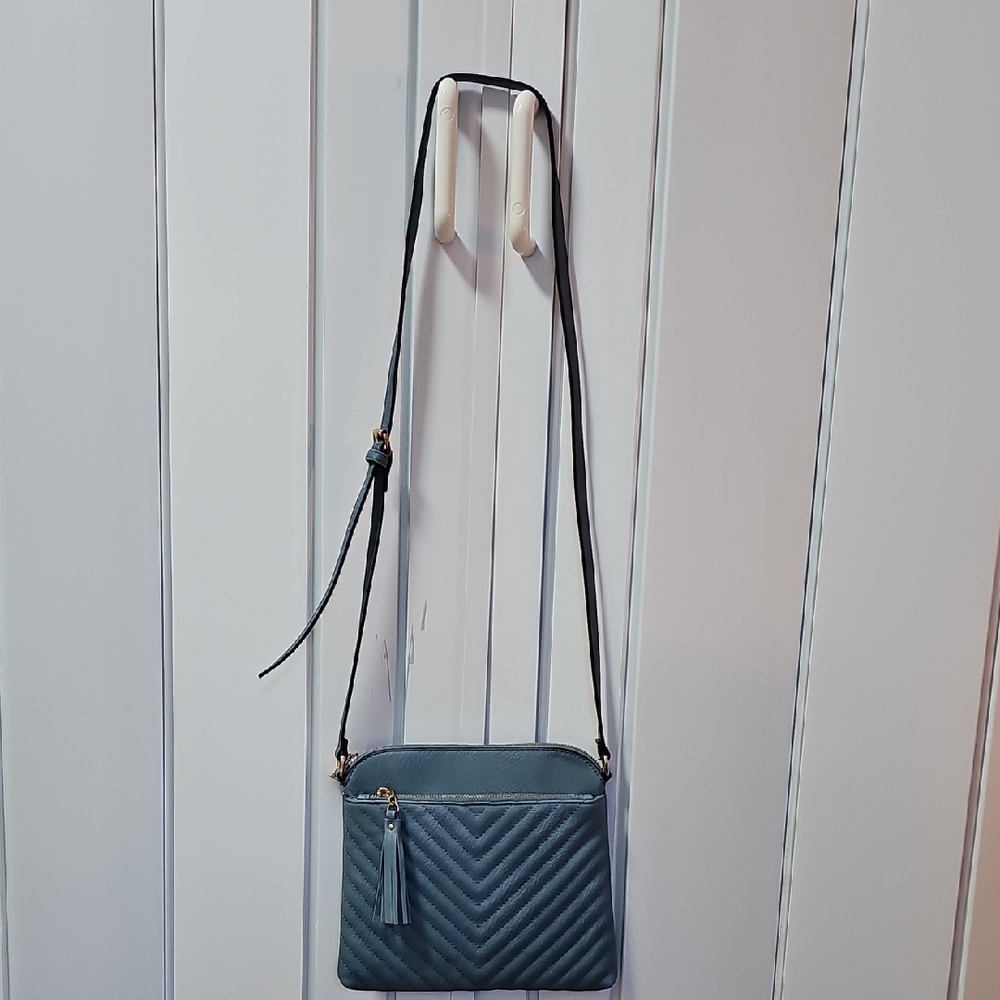 Elegant Blue Quilted Chevron Crossbody Bag Gold Hardware